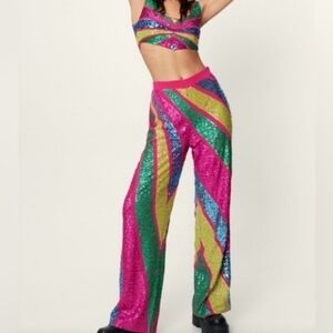 NWT - Nastygal Hot pink Color Block Sequin Wide Leg Pant, Sz. 8